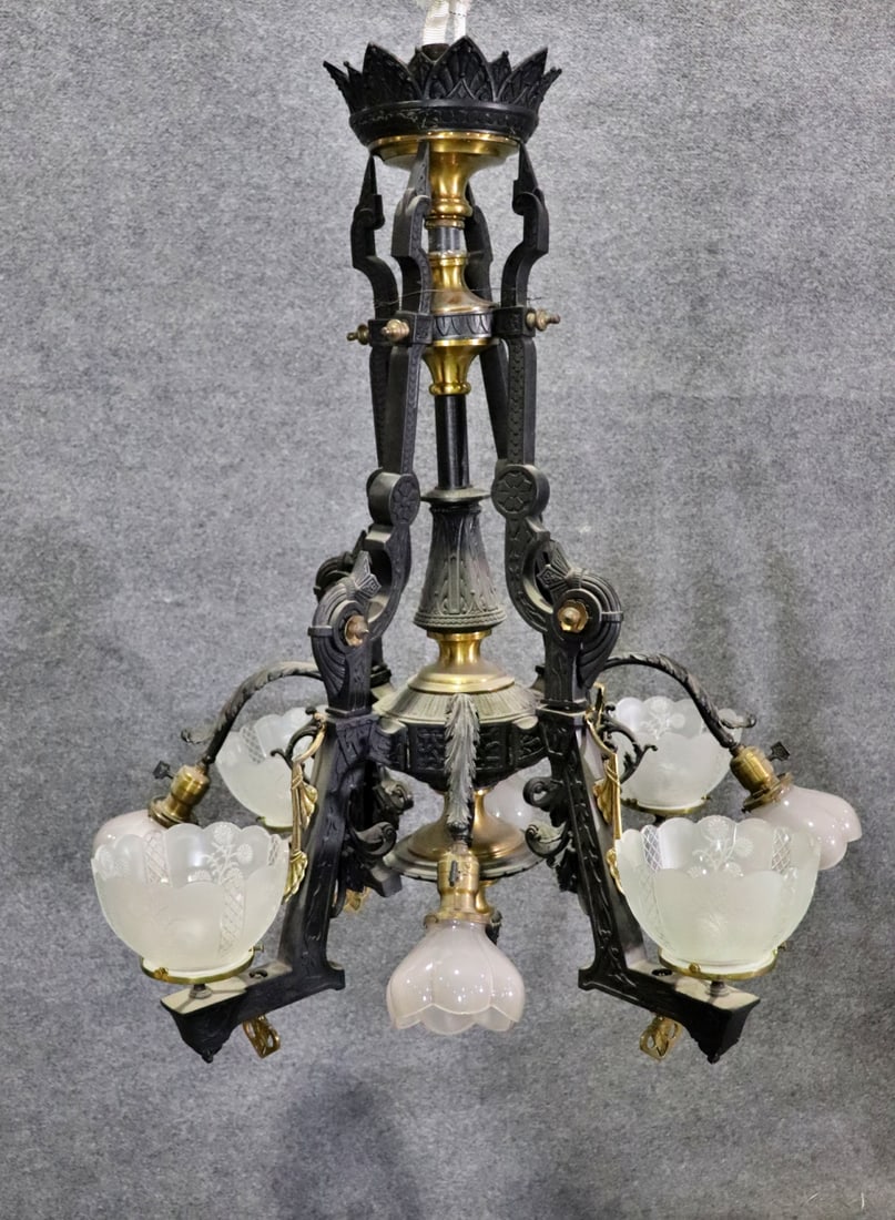 EXCELLENT QUALITY VICTORIAN CONVERTED CHANDELIER: Bronze. Steel. Etched frosted glass shades. 39 1/2" h x 35" diameter.