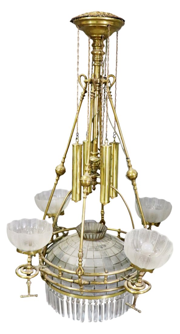CONVERTED VICTORIAN GAS CHANDELIER WITH WEIGHT DRAWN PULLEY SYSTEM: Brass. Frosted etched glass shades. Leaded glass shade. Glass prisms. 53" h x 36" diameter.