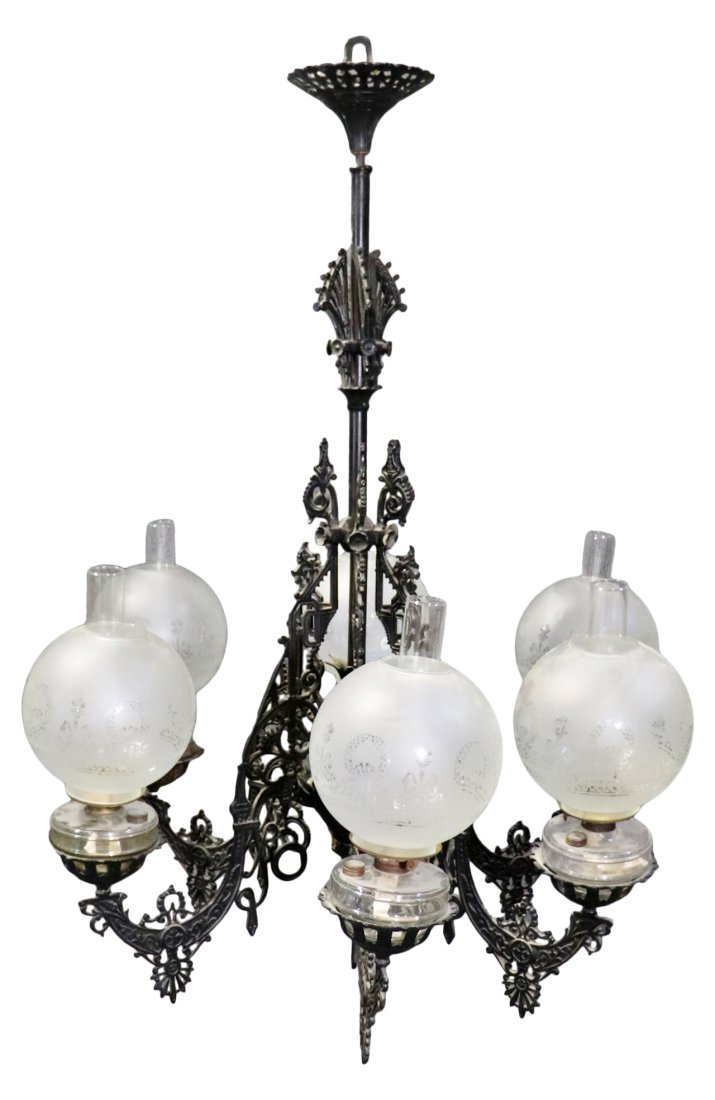 VICTORIAN CONVERTED CHANDELIER: Cast iron. Frosted etched glass shades. 51 1/4" h x 40" diameter.