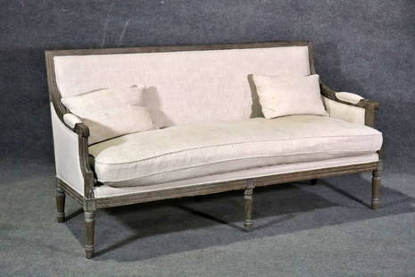 LOUIS XVI STYLE DISTRESSED PAINTED SOFA: Distressed. Upholstered. 34 1/2"h X 70" w x 28" d. Seat height 20 1/2".