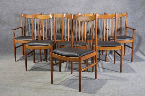 8 SIBAST FURNITURE DANISH TEAK DINING CHAIRS: Made in Demark. Wood frames. Upholstered seats. 2 arm chairs measure 38 5/8" h x 22 1/2" w x 23" d. Seat height 19 1/2". 6 side chairs measure 38 5/8" h x 19 1/4" w x 22" d. Seat height 19 1/2".