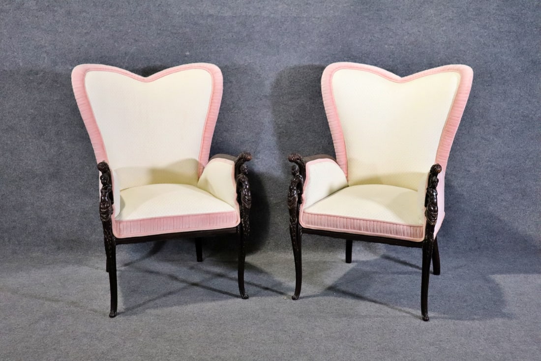 PAIR VINTAGE CARVED MAHOGANY FIRESIDE CHAIRS (1 of 11)