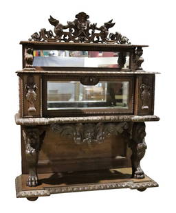 LUIGI FRULLINI ATTRIBUTED WALNUT VITRINE SIDEBOARD: Carved walnut. Winged griffins. 74" h x 61" w x 22" d.