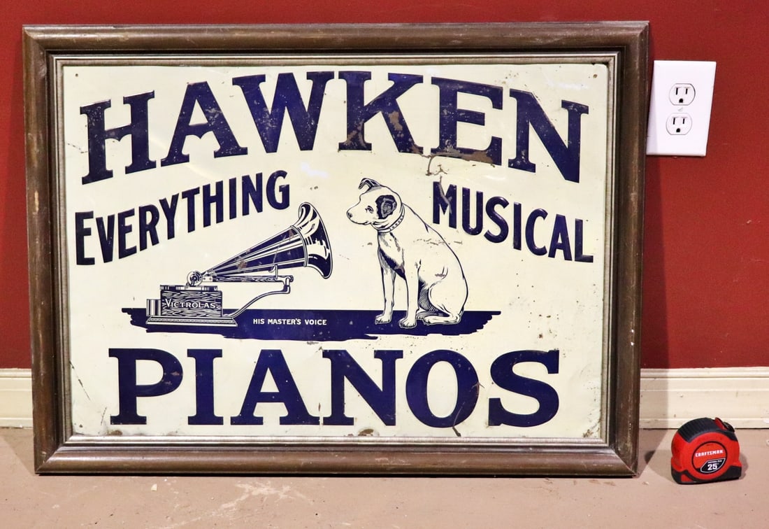 HAWKEN PIANOS ADVERTISEMENT: Metal. Wood frame. 23" h x 31 1/4" w x 1" d.