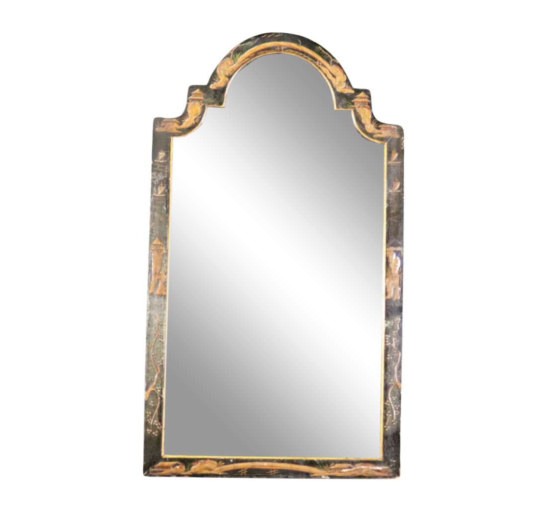 CHINOISSERIE WALL MIRROR: From Slatoff Estate. Wood. Paint decorated. 32 5/8" h x 18 1/2" w x 7/8" d.