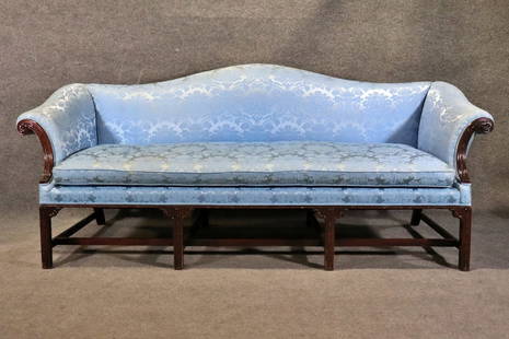 GEORGIAN STYLE CUSTOM CAMEL BACK SOFA ATTRIBUTED TO SCHMIEG & KOTZIAN: From Slatoff Estate. Upholstered. Wood frame. 38 3/4" h x 92 1/8" w x 34 1/4" d. Seat height 22 1/2".