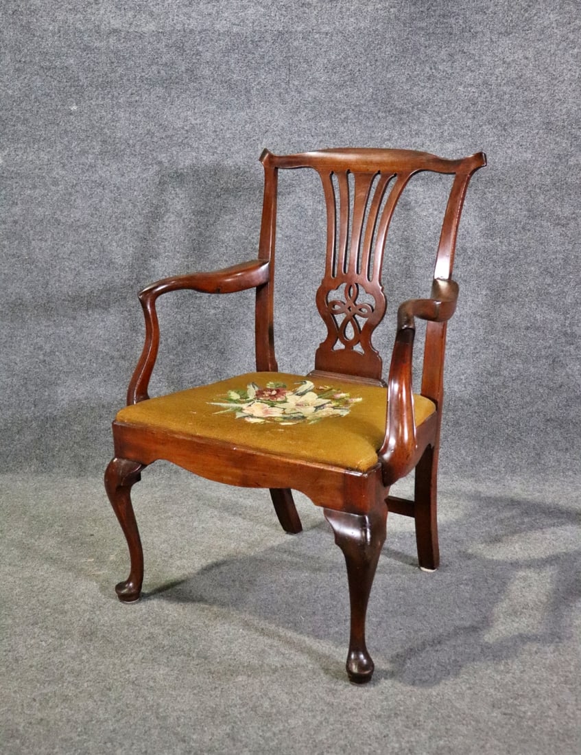 ANTIQUE QUEEN ANNE CHAIR: From Slatoff Estate. Mahogany. Needlepoint. 38 1/4" h x 27 1/2" w x 24 1/4" d. Seat height 18".