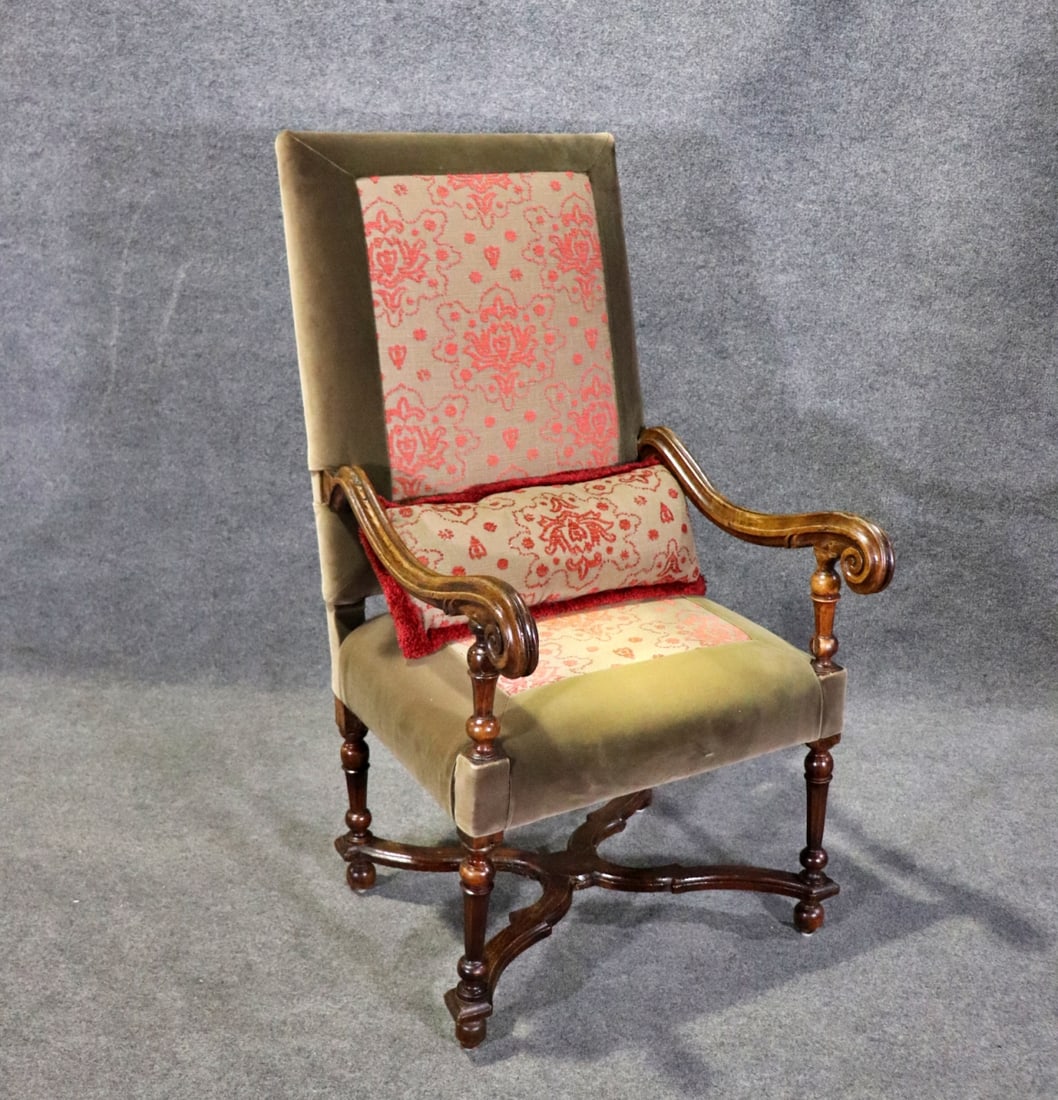 19TH C FRENCH CARVED FAUTEUIL: Wood frame. Upholstered. Carved. 49 1/2" h x 27 1/2" w x 32" d. Seat height 21".