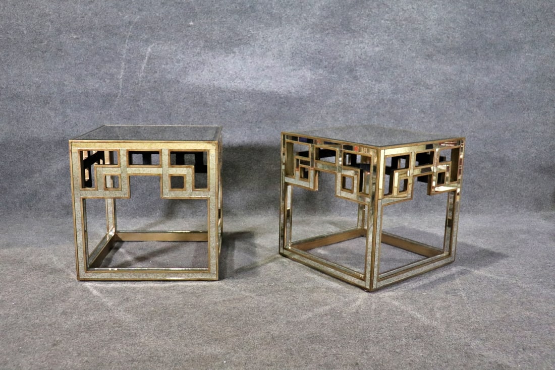 PAIR GREEK KEY STYLE MIRRORED END TABLES (1 of 8)