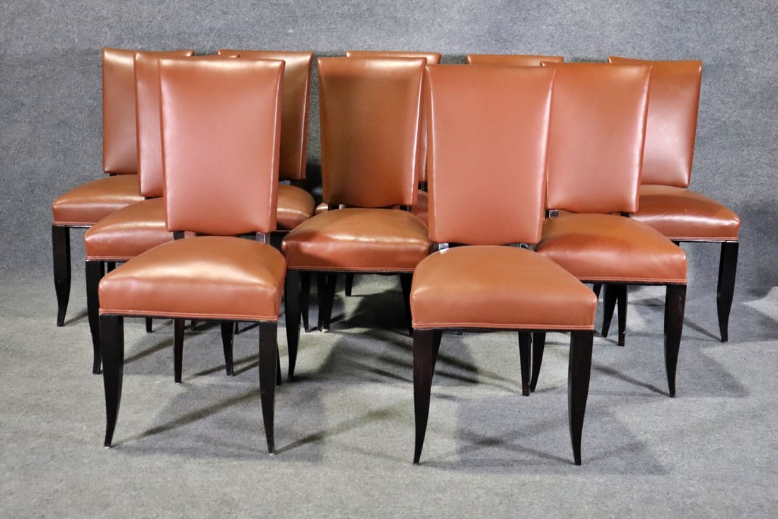 10 ANDRE ARBUS STYLE DECO DINING CHAIRS: Wood frames. Leather upholstery. 38 3/8" h x 18" w x 22 1/2" d. Seat height 19".