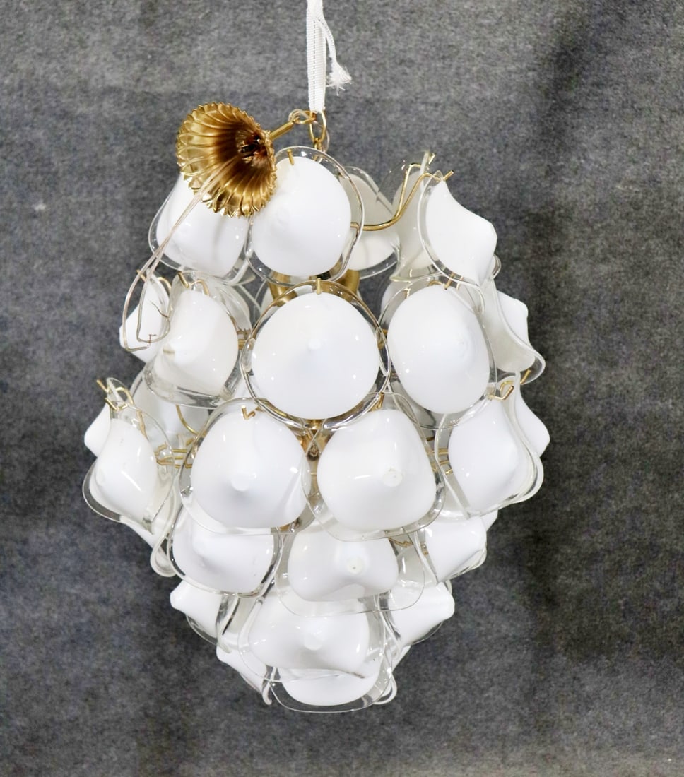 OPAL MURANO GLASS CHANDELIER: Murano glass shades. Brass frame. 24" h x 22" diameter.