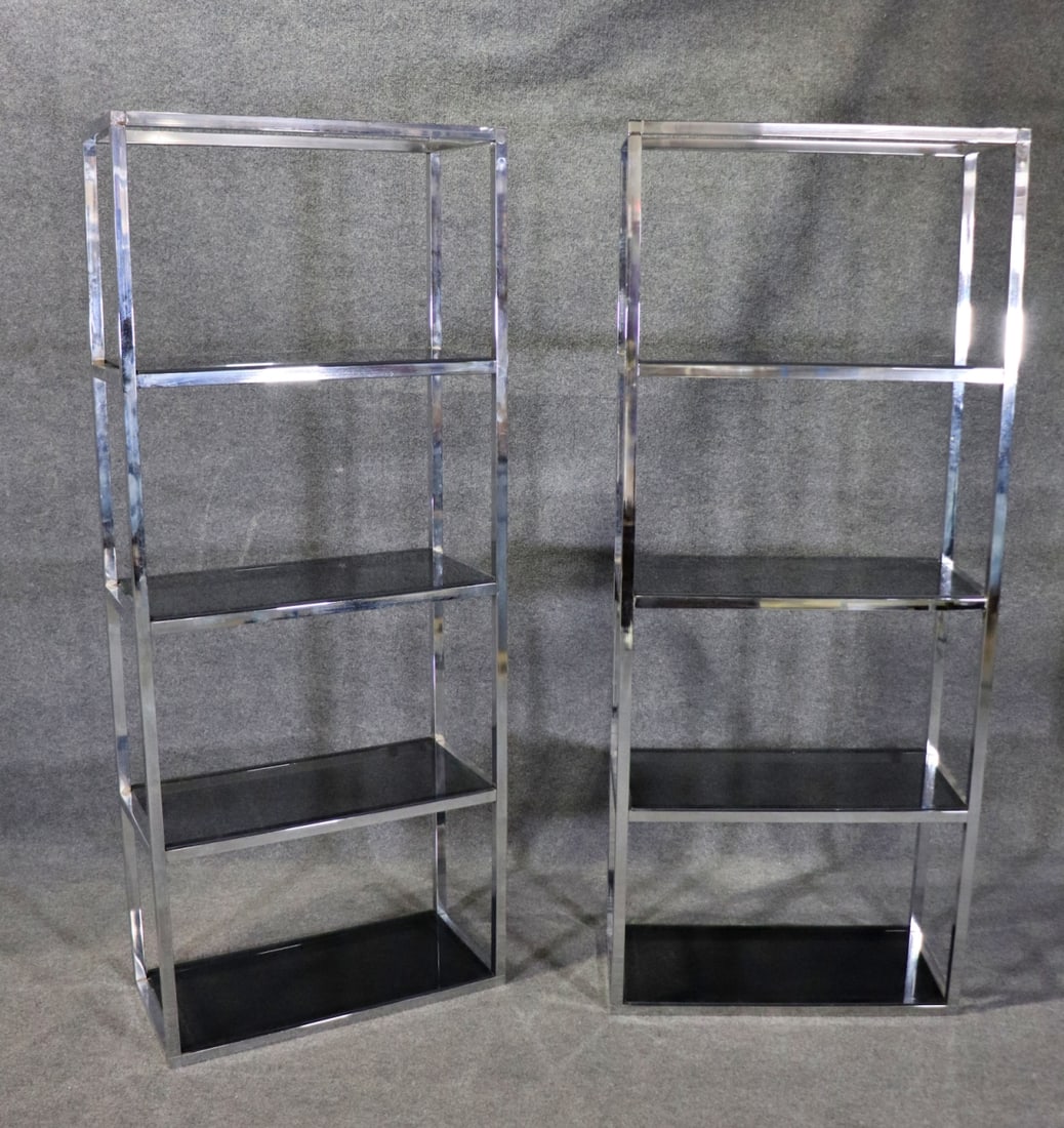 PAIR MILO BAUGHMAN STYLE CHROME & SMOKE GLASS ETAGERES (1 of 10)