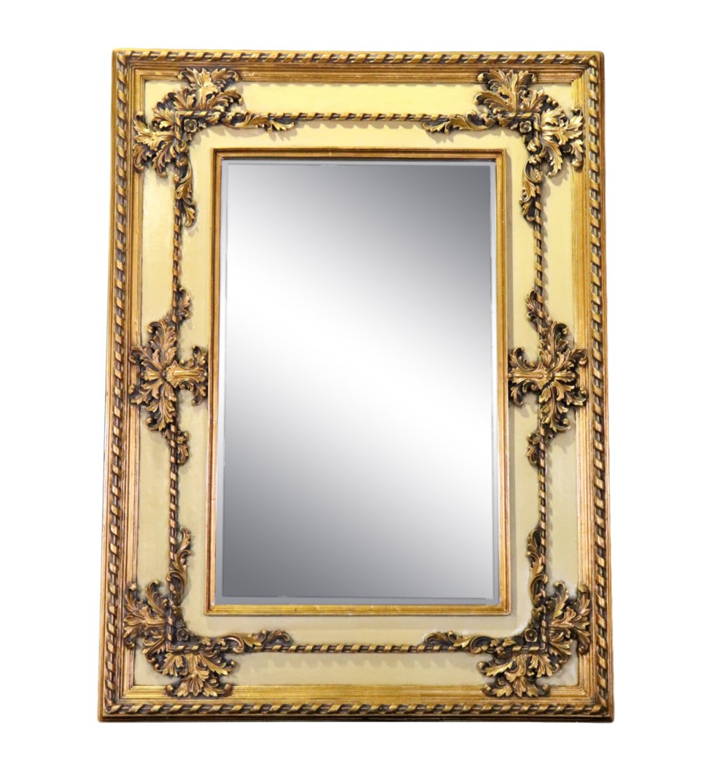 FRENCH LOUIS XV STYLE OVERSIZED MIRROR: Cream painted. Gilt. Beveled edge. Composition. 72 1/8" h x 53 7/8" w x 3 1/4" d.