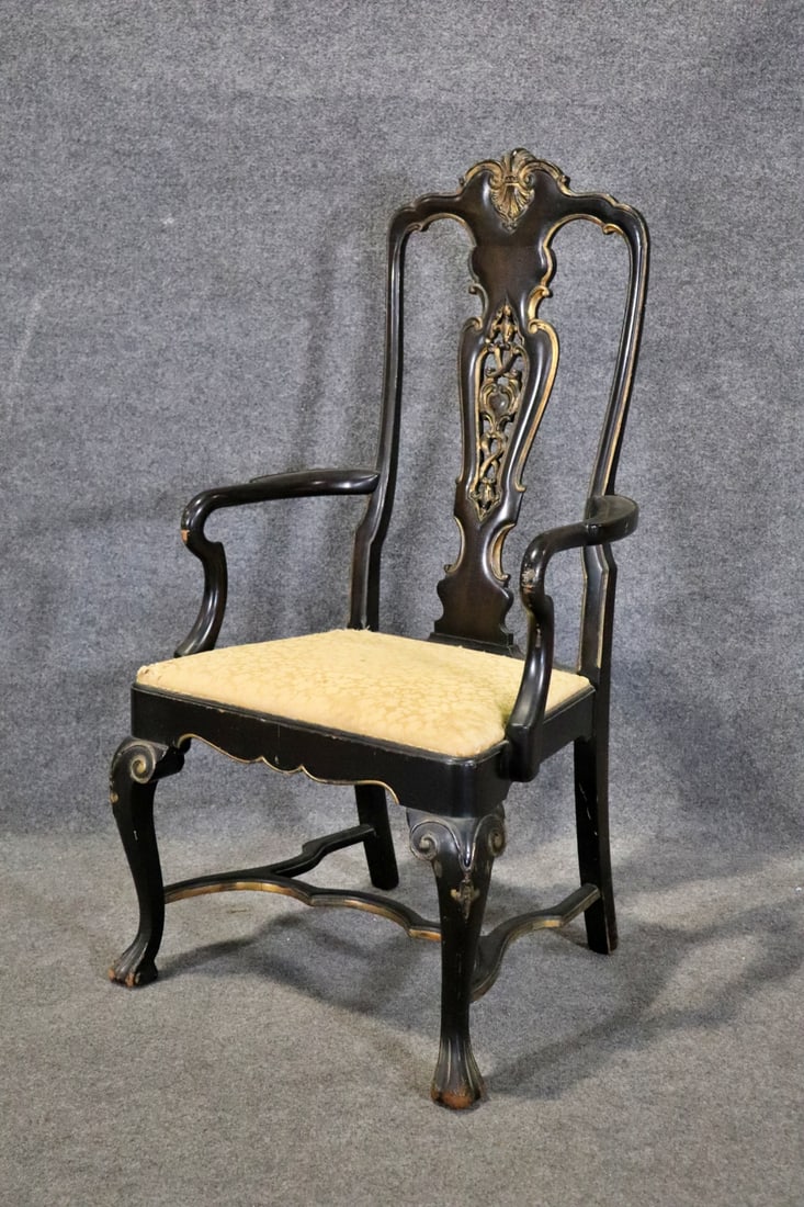PORTUGUESE STYLE ARM CHAIR: Wood. Paint decorated. Upholstered seat. 46 5/8" x 24 1/2" w x 23" d. Seat height 19" .