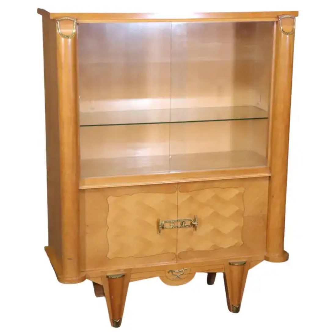 ANDRE ARBUS STYLE SYCAMORE ART DECO CHINA CABINET: 2 glass doors. 2 doors. Sycamore. 55" h x 43 1/2" w x 17 1/2"d.