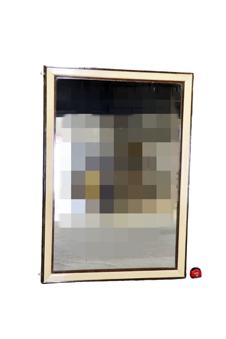 ART DECO PARCHMENT HANGING WALL MIRROR: Wood and parchment frame. 59 1/4" h x 41 3/8" w x 1 7/8" d.