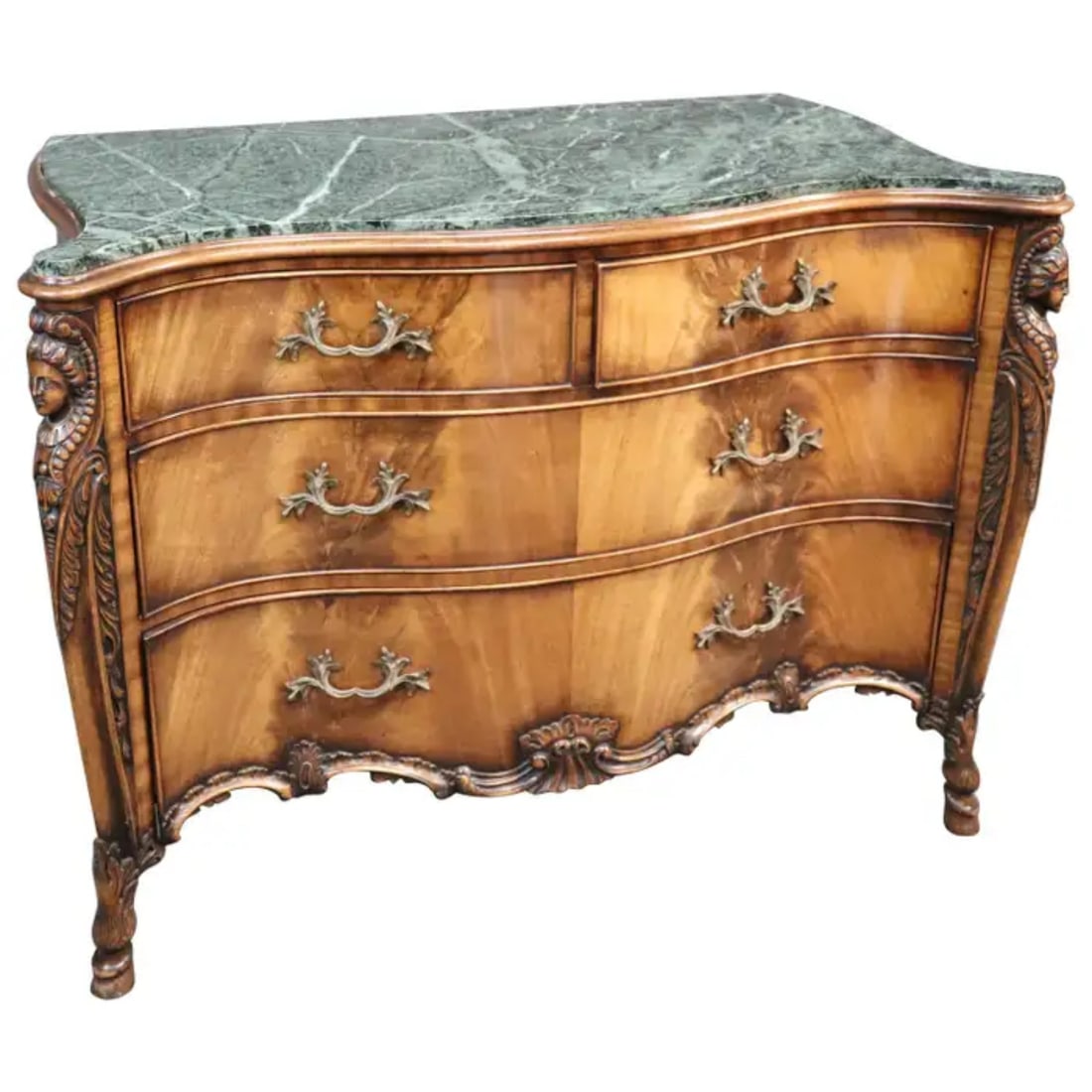 FRENCH MAIDEN FIGURAL GREEN MARBLE TOP COMMODE/SERVER/BUFFET: Green marble top. Flame mahogany. Carved maidens on corners. Circa 1940's. 36" h x 48" w x 26" d.