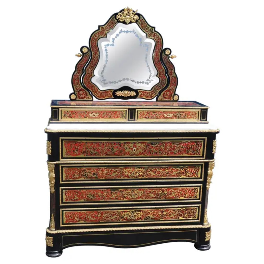 ETCHED MIRROR BRASS INLAID MARBLE TOP BOULLE STYLE DRESSER/SECRETARY DESK (1 of 12)