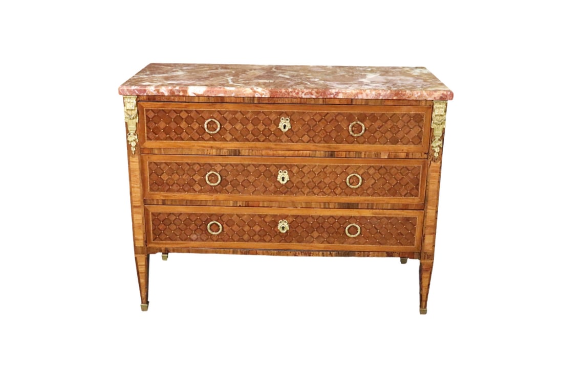 LOUIS XVI STYLE MARQUETRY MARBLE TOP COMMODE (1 of 16)