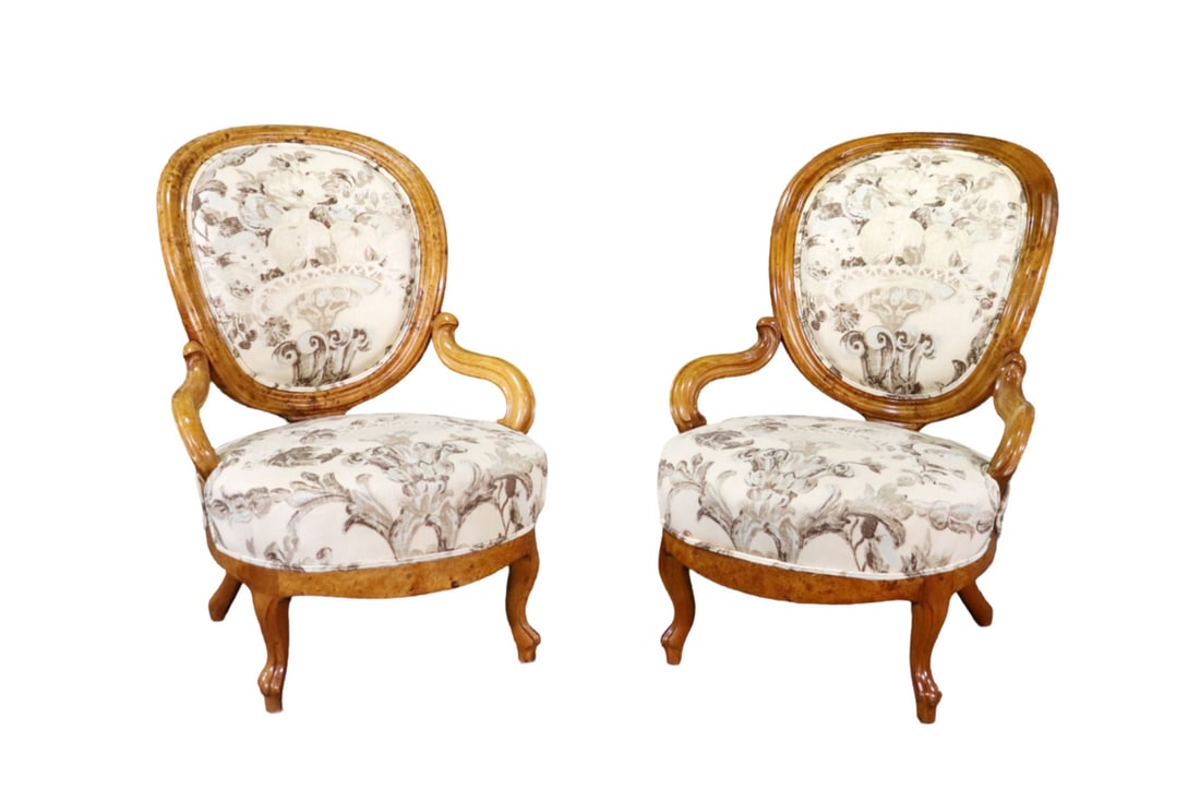 PAIR LOUIS XV STYLE BURL WALNUT FIRE SIDE CHAIRS (1 of 16)