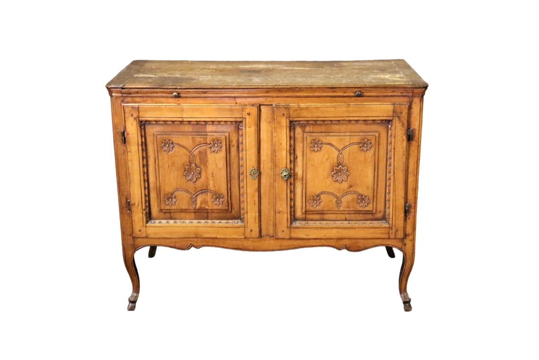 18TH C LOUIS XV 2 DOOR BUFFET/SERVER: Carved. 2 doors containing 1 shelf. 1 pull out tray. 36 3/4" h x 47 1/2" w x 22 1/2" d.