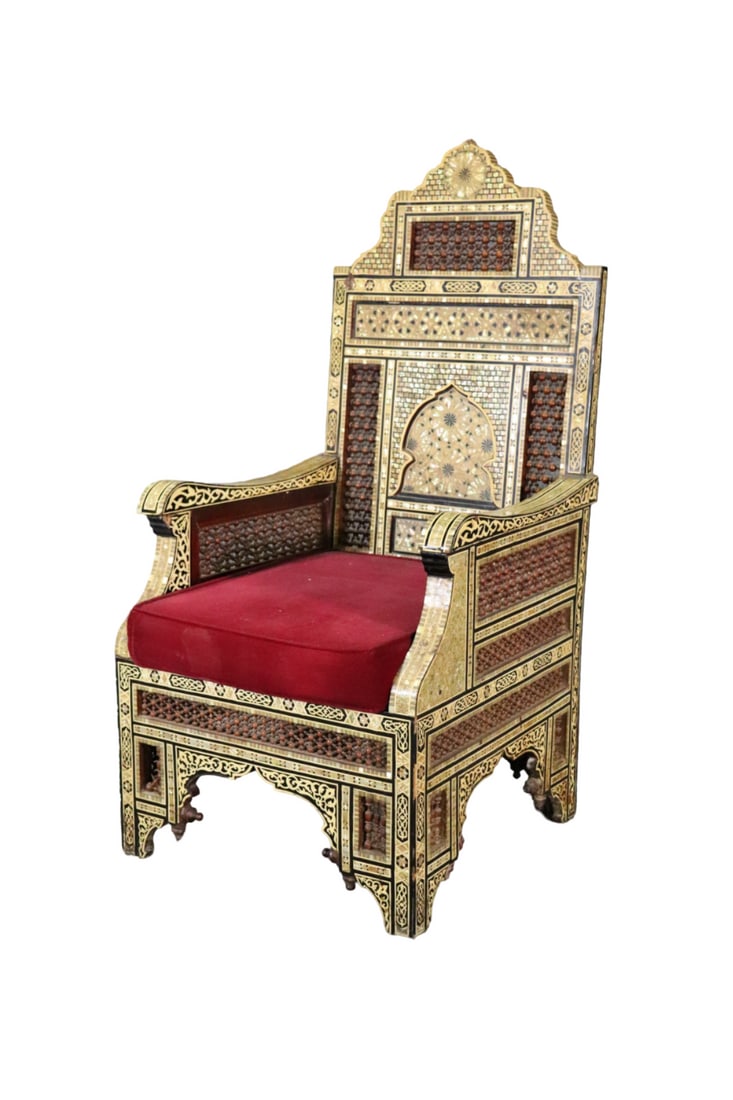 MOROCCAN THRONE CHAIR: Mother of pearl inlay. Carved wood. 53 1/2" h x 26 7/8" w x 28" d. Seat height 20".