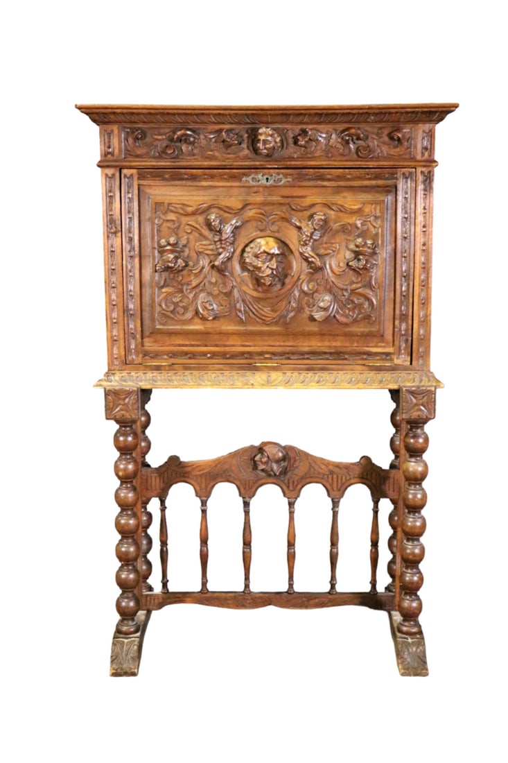 CONTINENTAL ABATTANT/BAR: Carved wood. Drop front with 2 shelves. 61 1/2" h x 39 5/8" w x 19 1/4" d.