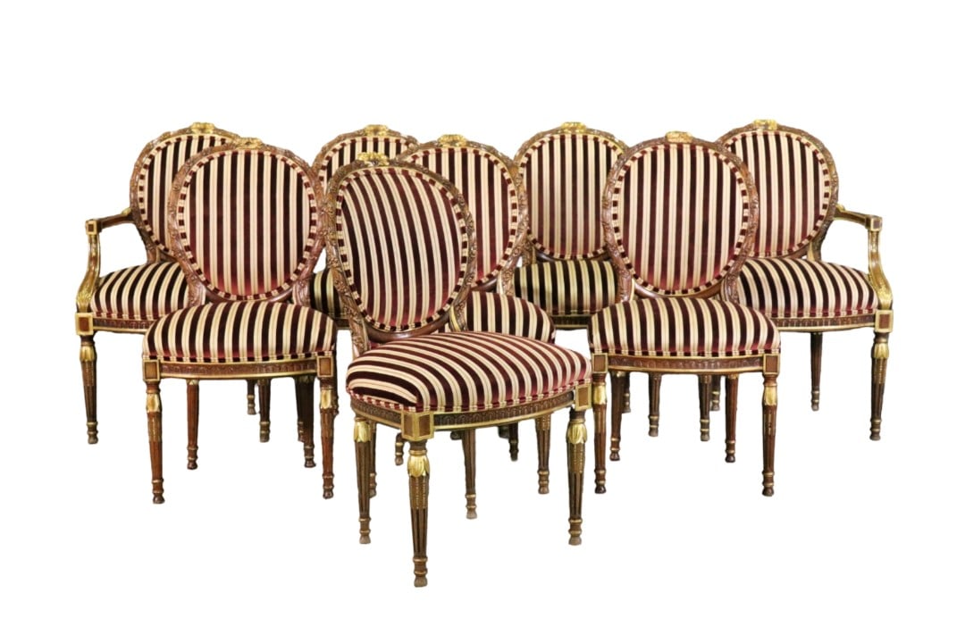 8 LOUIS XVI STYLE SILK & VELVET UPHOLSTERED DINING CHAIRS (1 of 14)