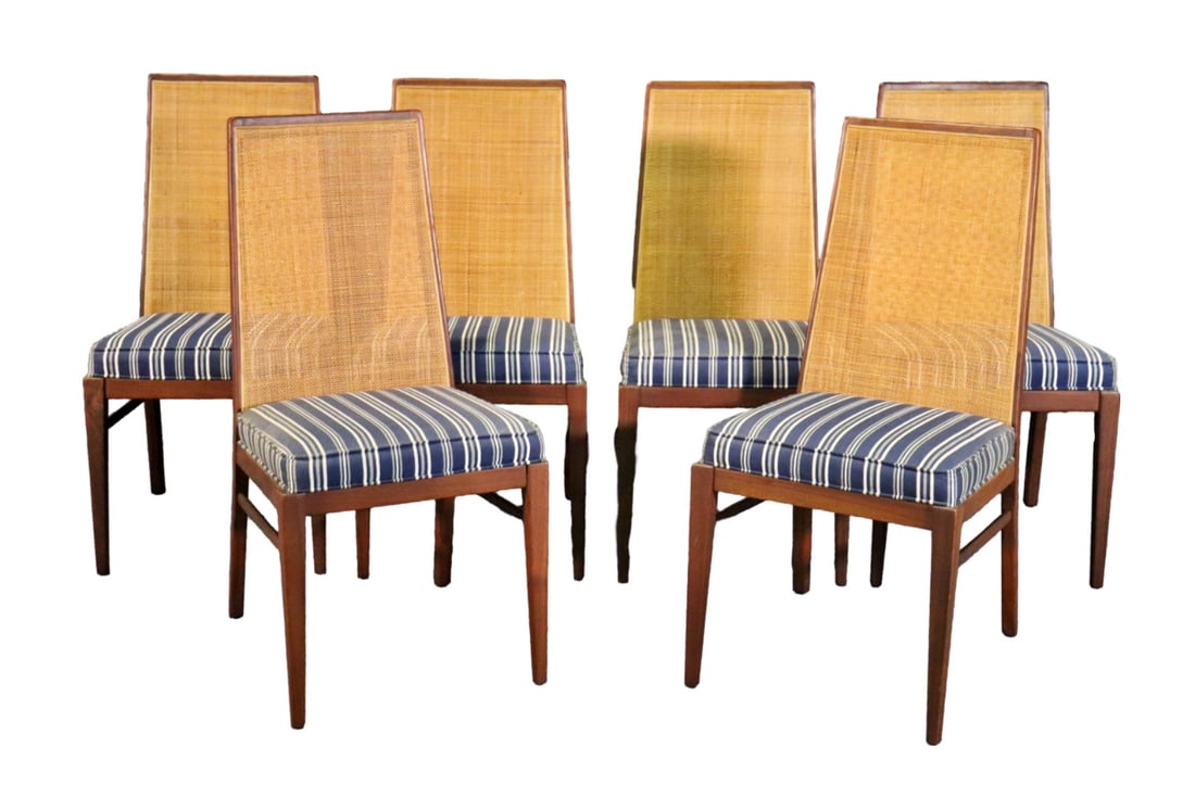 6 JACK CARTWRIGHT FOR FOUNDERS WALNUT & CANE DINING CHAIRS: Walnut frames. Cane backs. Upholstered seats. 37 1/2" h x 18 1/4" w x 20 3/8" d. Seat height 19 1/2".