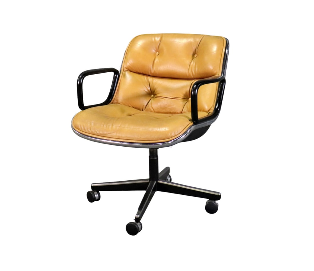 CHARLES POLLOCK KNOLL EXECUTIVE LEATHER CHAIR: On casters. Swivels. Yellow leather upholstery. Chrome accents. Tufted. 32 1/4" h x 26 1/8" w x 29 1/4" d. Seat height 20".