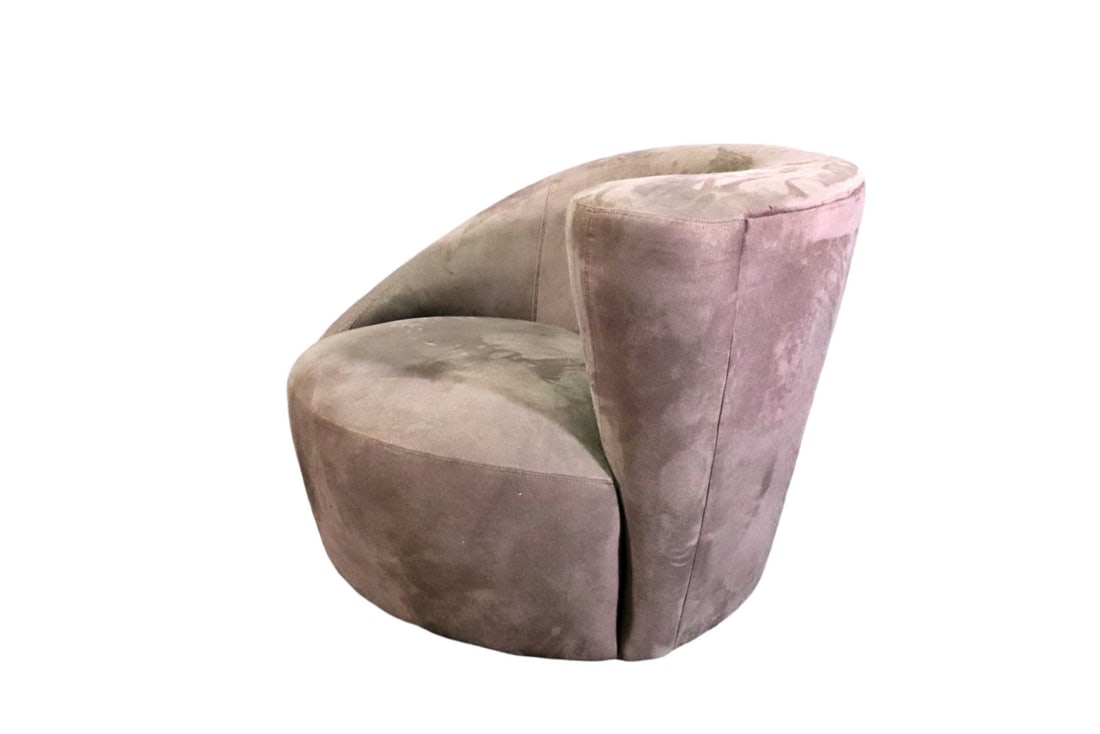SIGNED DIRECTIONAL KAGAN NAUTALIUS LOUNGE CHAIR: Signed. Upholstered. Swivels. 30" h x 35" w x 32" d. Seat height 17 1/2".