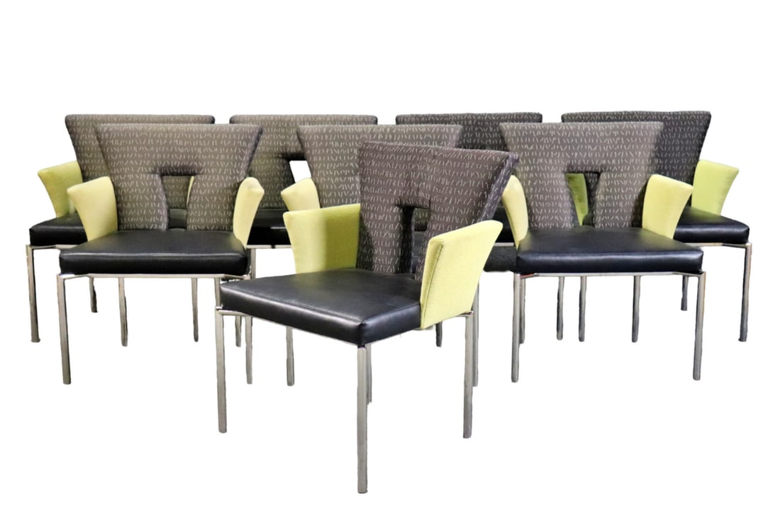8 BRUETON MODERN CHAIRS: Chrome frames. Upohlstered back and arms. Vinyl upholstered seats. 33 1/8" h x 25 1/4" w x 22" d. Seat height 18".