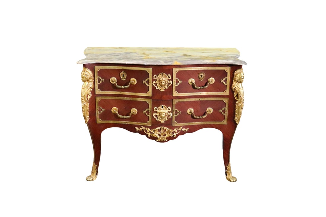 FRENCH LOUIS XV STYLE FIGURAL MARBLE TOP COMMODE: Marble top. Brass figural and accents. 3 drawers. 31 1/4" h x 42" w x 21 1/2" d.