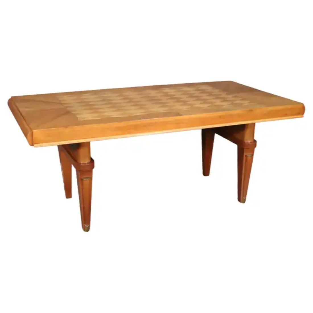 ANDRE ARBUS STYLE SYCAMORE ART DECO DINING TABLE: Sycamore. 2 - 12" leaves. 73 1/2" h x 30 1/2" w x 36 1/2" d.