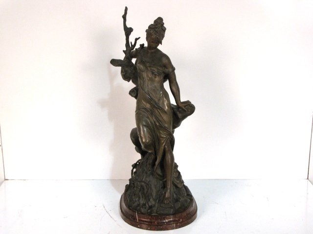 "LE TORRENT" ANTON NELSON SPELTER SCULPTURE: Some minor wear. Signed Ant Nelson. Rouge marble base. Very good condition. 27 1/2"h.