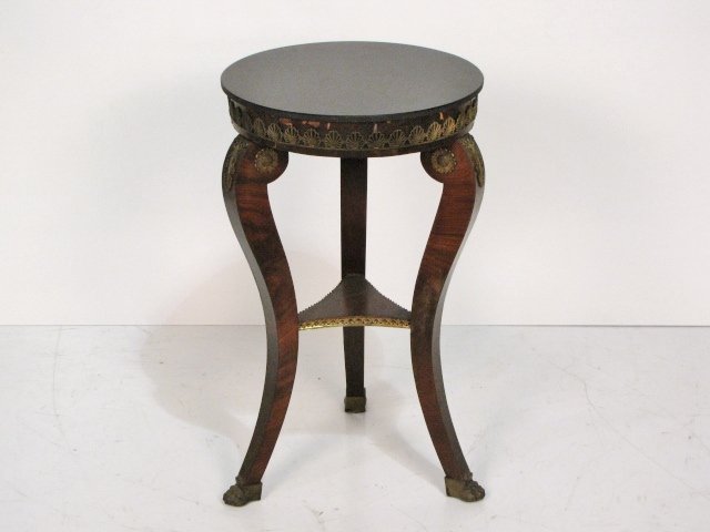 19th c. FRENCH EMPIRE STYLE BRONZE MOUNTED SIDE TAB: Veneer damages. Black glass top. Fair condition. 29 1/2"w. x 17"diam.