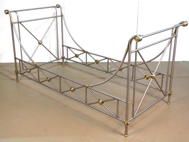 DIRECTOIRE STYLE METAL & BRASS DAYBED: Steel with brass mounts. Very good condition. 40"h. x 37 1/2"w. x 86"d.