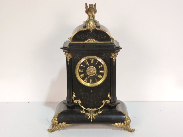 FRENCH BRONZE MOUNTED BLACK MARBLE CLOCK: Mitchell, Vance & Co. N.Y. Very good condition. 21"h.