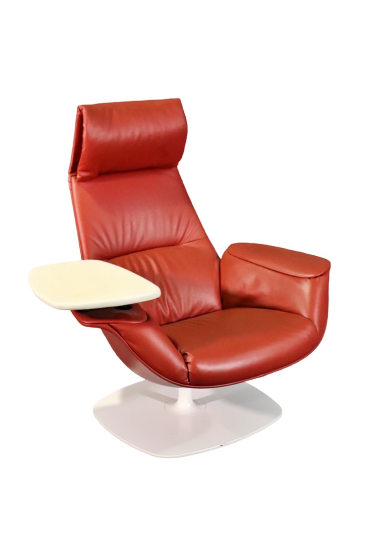COALESSE MASSAUD LOUNGE CHAIR WITH TRAY: Leather upholstery. Metal base. Movable tray. Swivels and retracks. 41 3/4" h x 40 7/8" w x 32" d. Seat height 15 1/2".