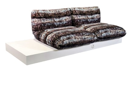 MID CENTURY MODERN LOVESEAT WITH BUILT IN END TABLE