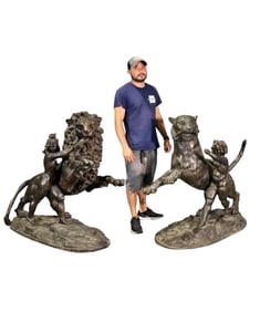 LARGE BRONZE STATUE OF LION & BOY & BRONZE STATUE TIGER & GIRL