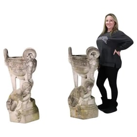 PAIR LARGE CAST STONE OR CEMENT ANTIQUE FRENCH CHERUB PUTTI PLANTERS