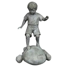 BRONZE ELITE BY HENRE IN VERDI GRIS OUTDOOR STATUE YOUNG BOY ON ROCK