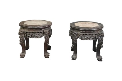 PAIR ANTIQUE CARVED CHINESE WOOD & MARBLE PLANT STANDS