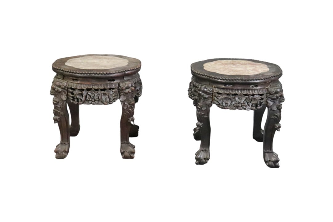 PAIR ANTIQUE CARVED CHINESE WOOD & MARBLE PLANT STANDS (1 of 12)