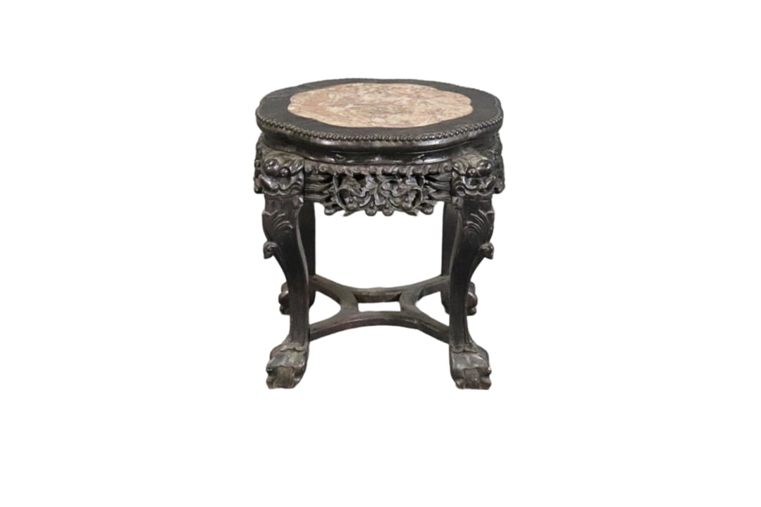 ANTIQUE CARVED CHINESE WOOD & MARBLE PLANT STAND (1 of 12)