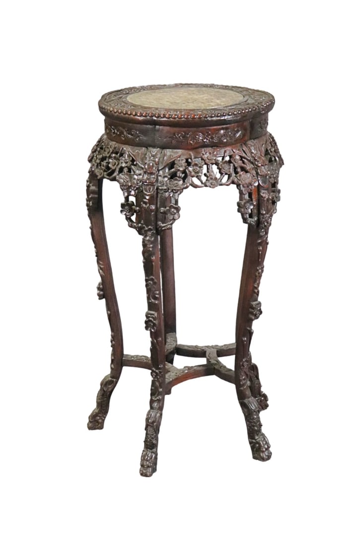 ANTIQUE CARVED CHINESE WOOD & MARBLE PLANT STAND (1 of 12)