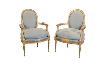 PAIR LOUIS XVI STYLE GILT FAUTEUILS