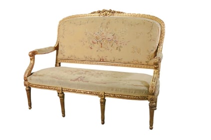 LOUIS XVI STYLE CARVED GILDED NEEDLEPOINT SETTEE