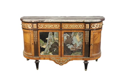 19TH C MARBLE TOP FRENCH CHINOISERIE DEMILUNE COMMODE